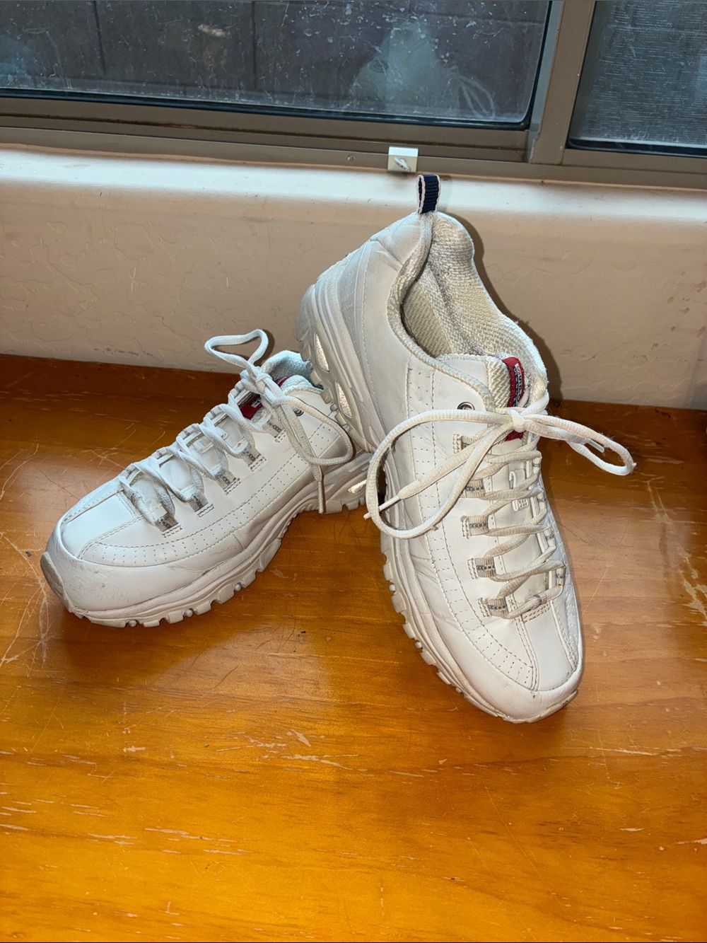 Skechers White Women's Chunky Lace-Up Sneakers with Red Accent